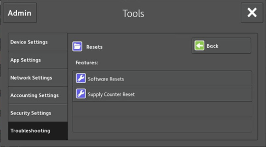 Troubleshooting Resets screen