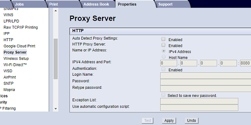 Proxy Server screen