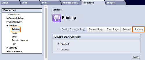 Device Start-Up Page screen