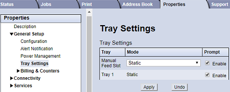 Tray Settings screen