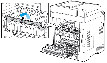 To open the paper guide on the top of the fuser, lift the paper guide tab