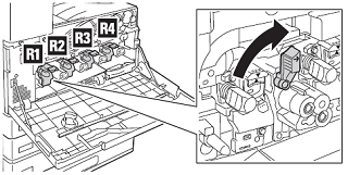 Rotate the R1, R2, R3, or R4 drum cartridge lever to the right