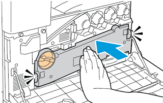 Press the waster toner unit toward the printer until both ends click into place